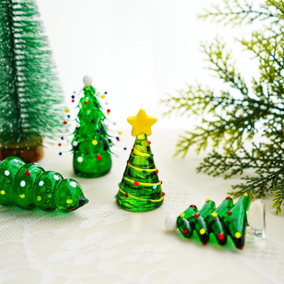 Set 4 Blown Glass Christmas Tree Figurine Art Glass Statue Holiday Decoration - Picture 4 of 8